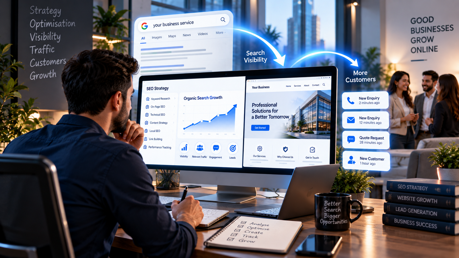 SEO expert connecting website optimization and search visibility with qualified business leads.
