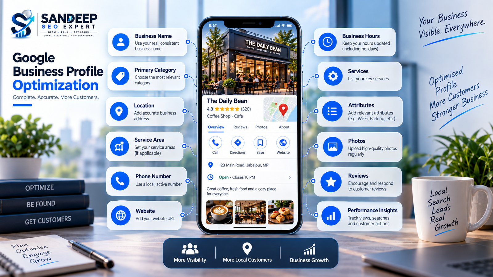 Key Google Business Profile optimization elements including business information, categories, services, photos, reviews and performance.