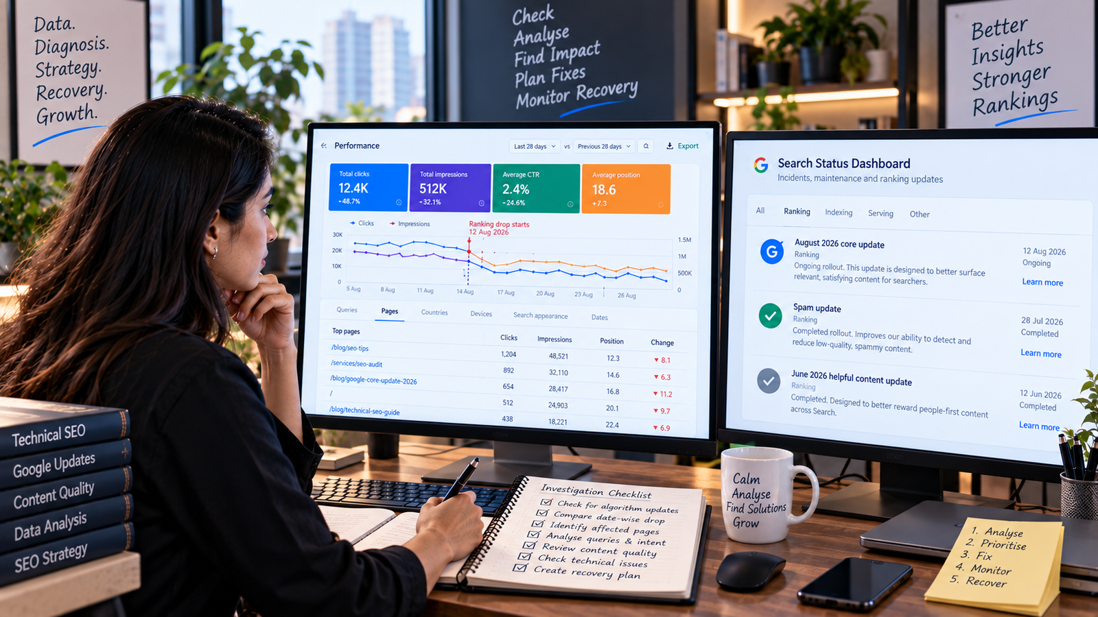 SEO specialist diagnosing a Google ranking drop using Search Console data and update timelines.