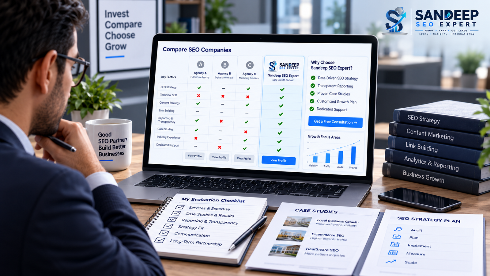 Business owner comparing SEO companies using a practical selection checklist