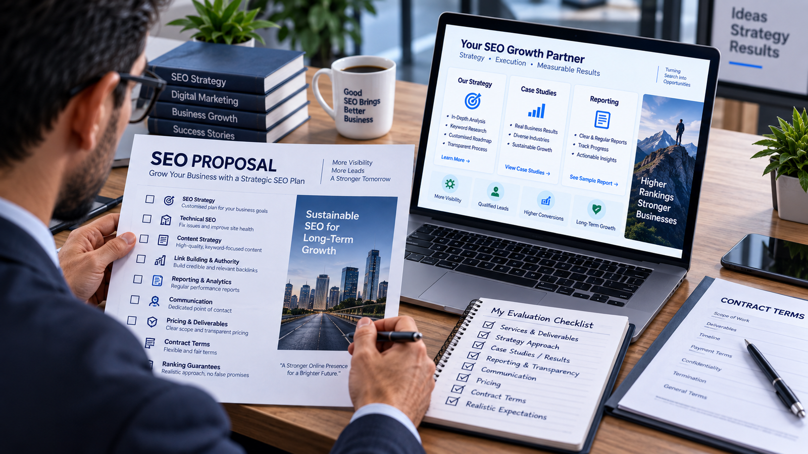 Business owner reviewing an SEO company proposal before hiring an SEO provider