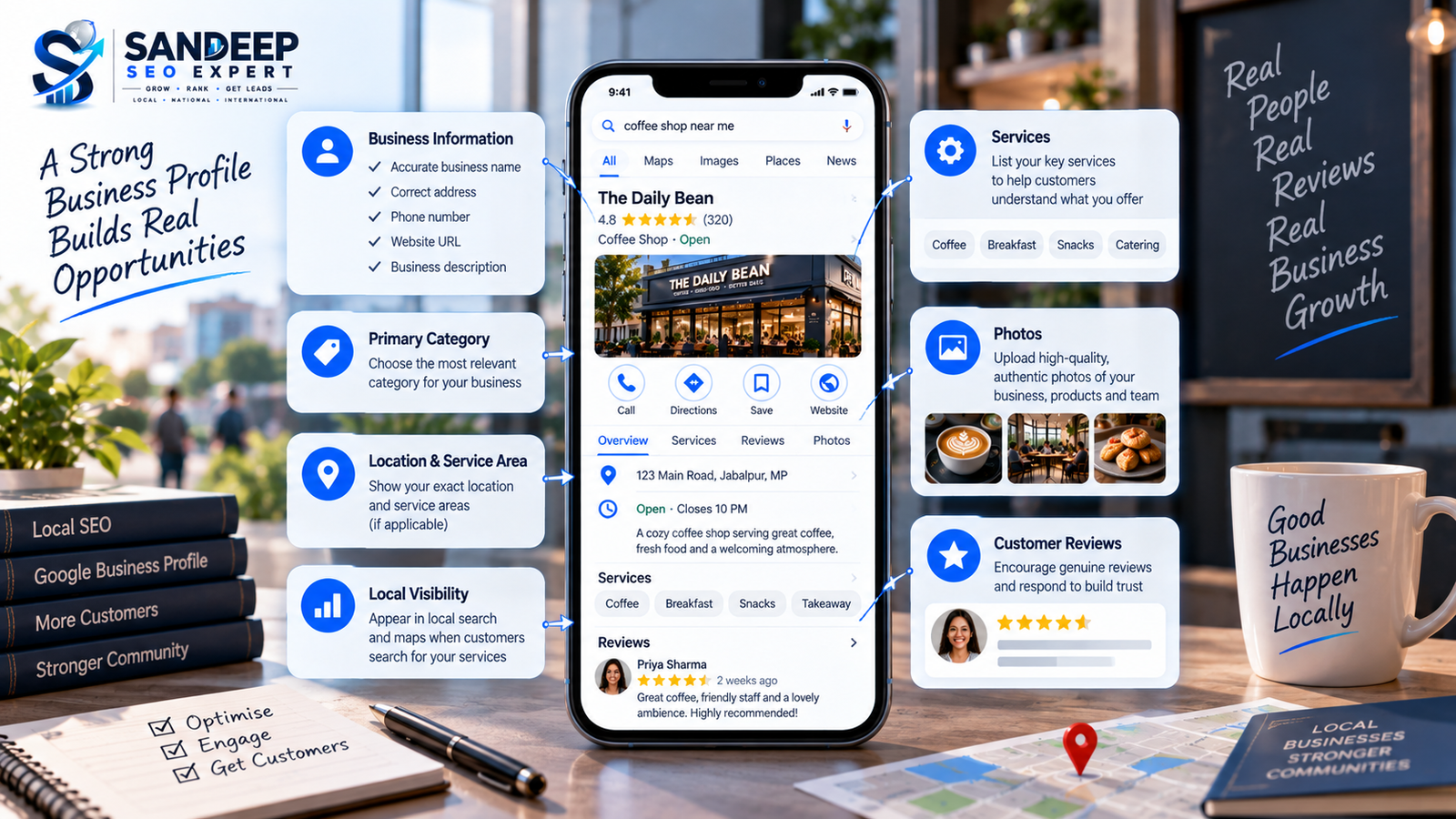 Google Business Profile optimization elements for improving local search visibility.