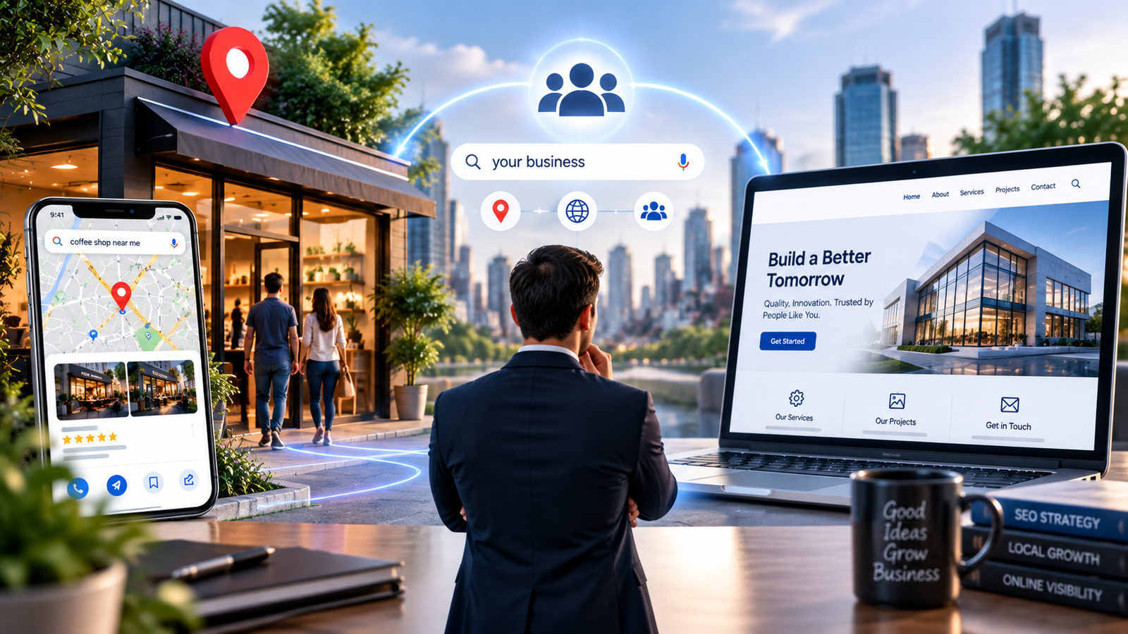 Local business and website search visibility representing Local SEO and Website SEO working together.