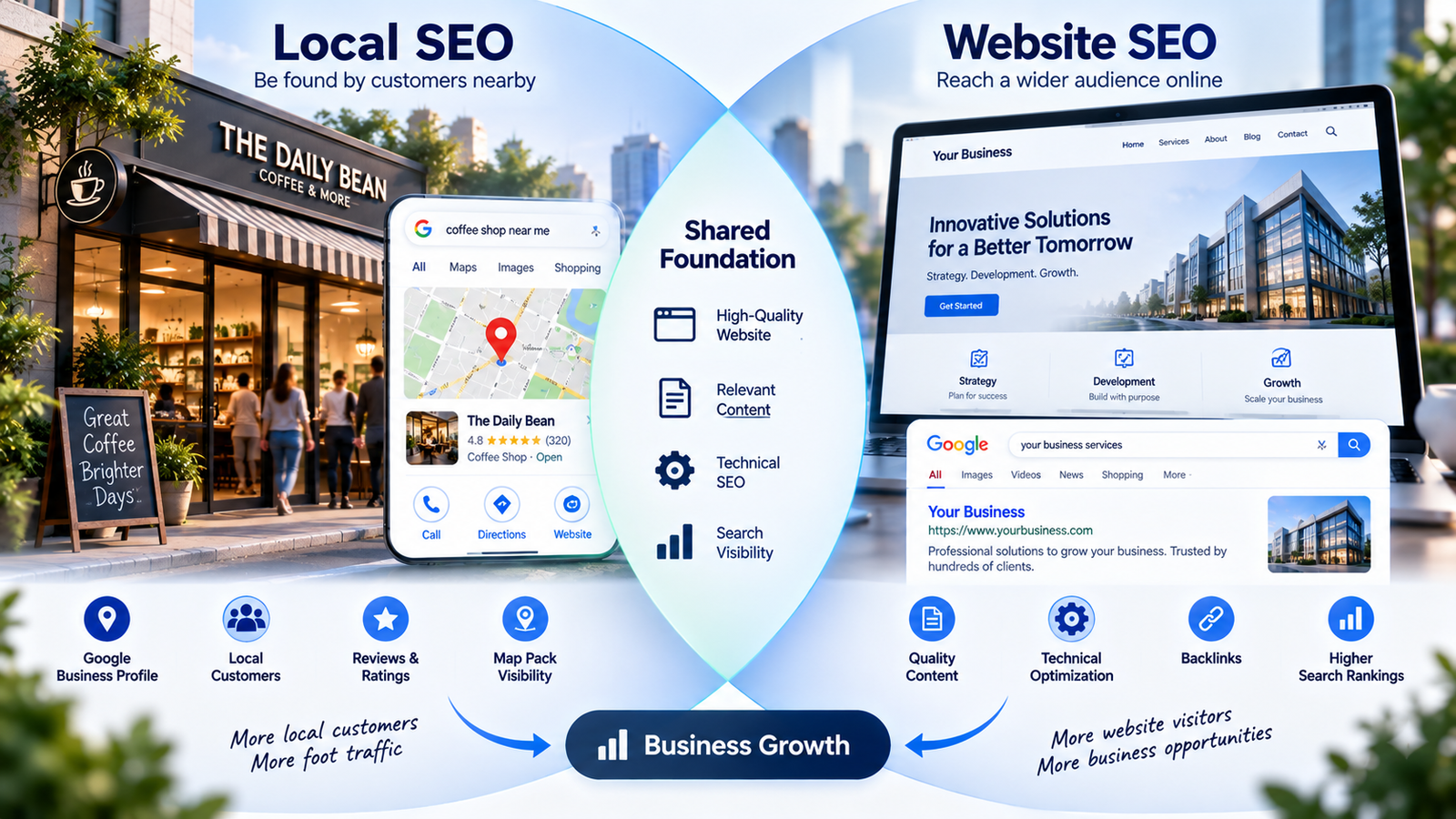 Comparison of Local SEO and Website SEO showing their different focuses and shared SEO foundations.