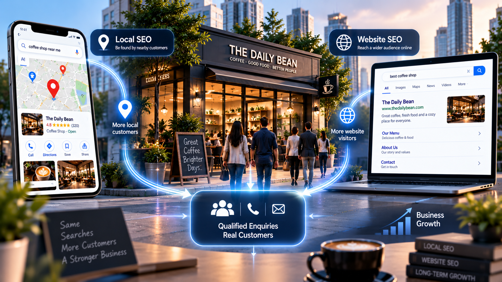 Local SEO customer journey from local search discovery to website visit and business enquiry.