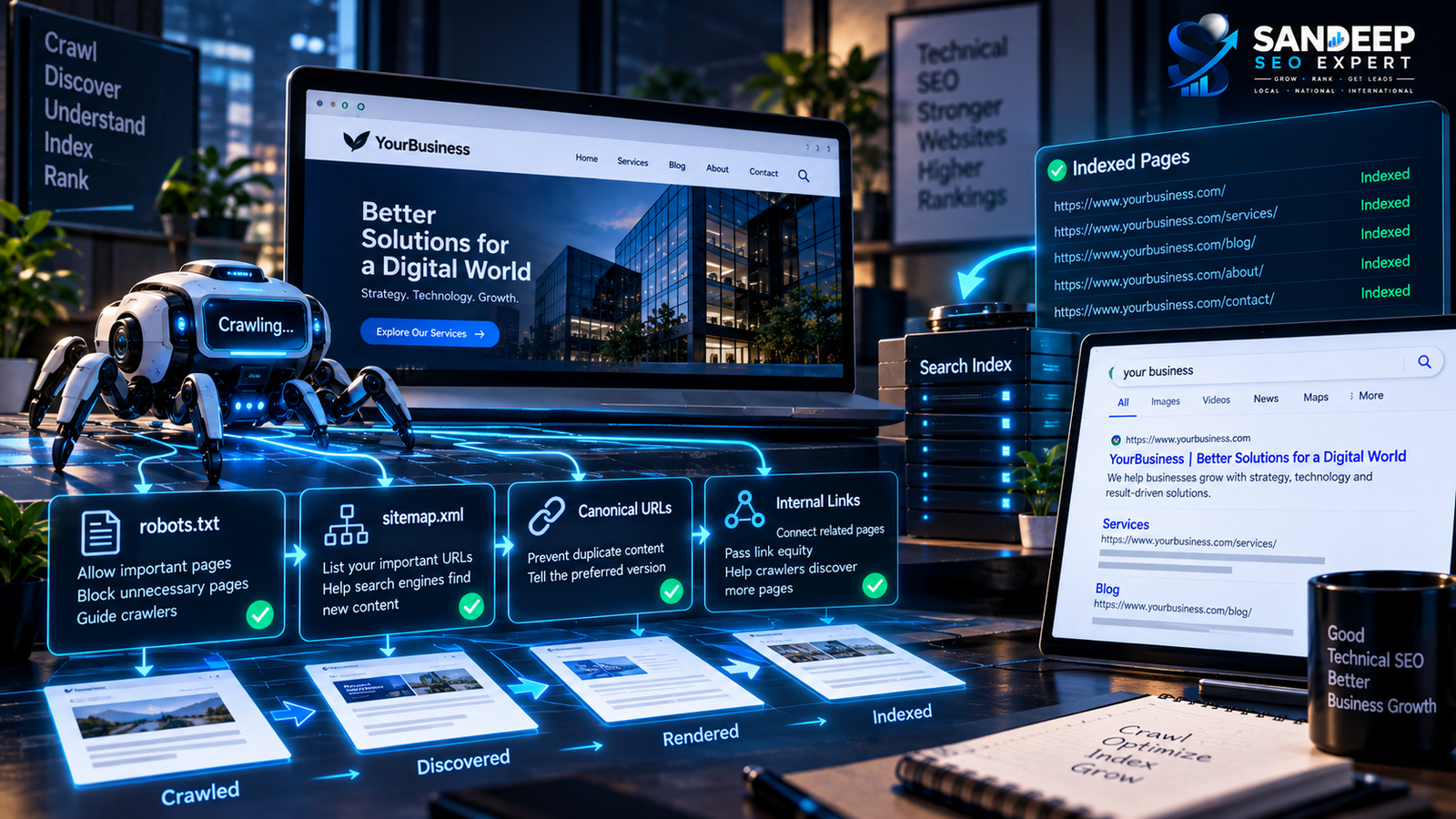 Technical SEO elements helping search engines discover and index website pages
