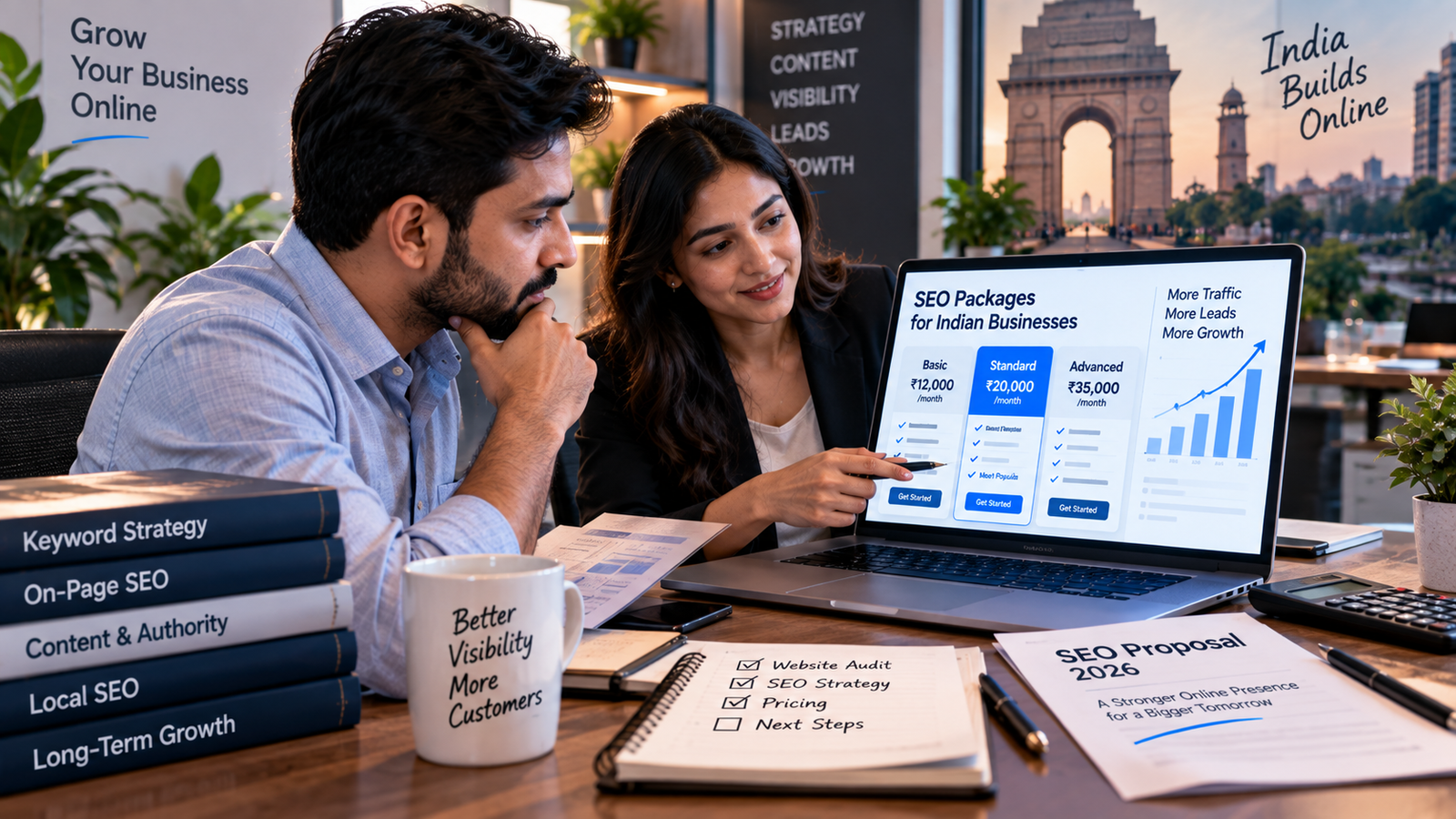Indian business owner reviewing SEO pricing and service scope for 2026.