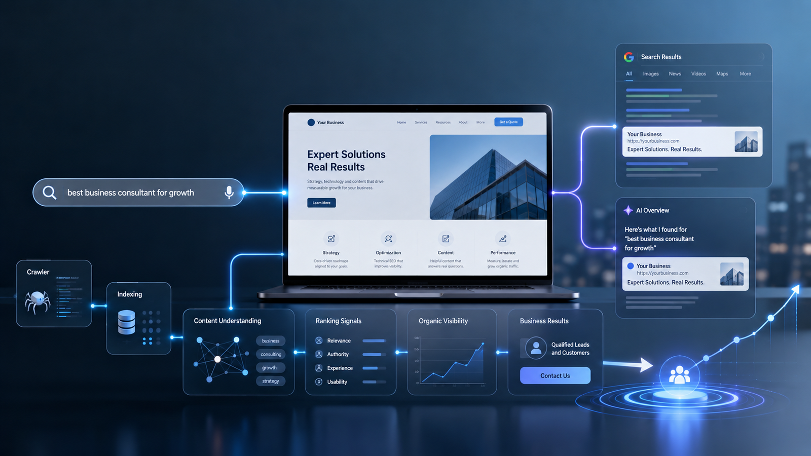 Illustration showing how SEO connects a website with search engines, organic visibility and business leads