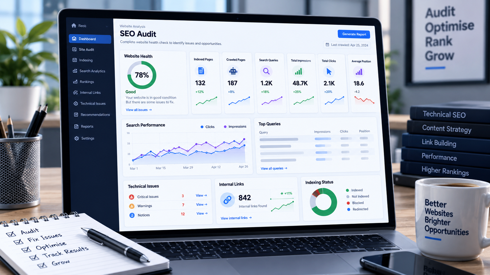 SEO audit dashboard showing website ranking and technical SEO checks